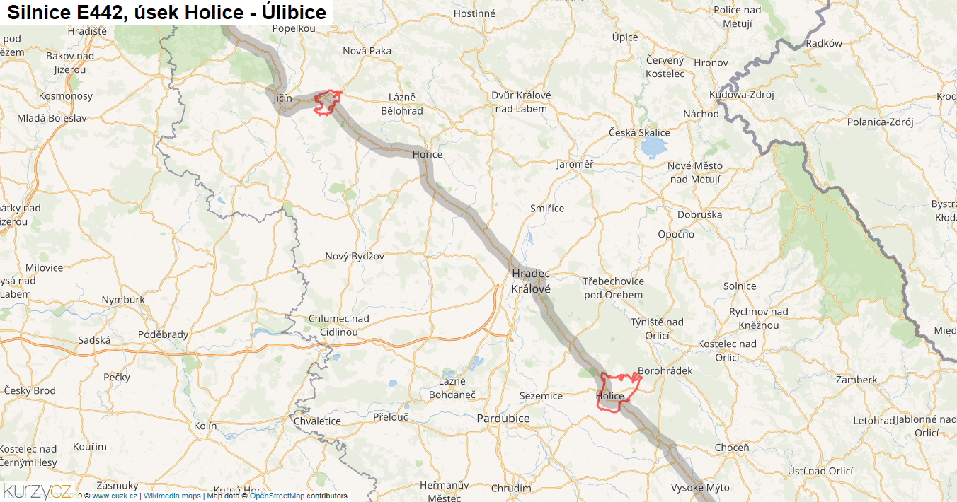 Úsek Holice - Úlibice, Silnice E442 - Mapa