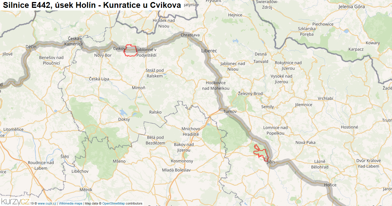 Úsek Holín - Kunratice u Cvikova, Silnice E442 - Mapa