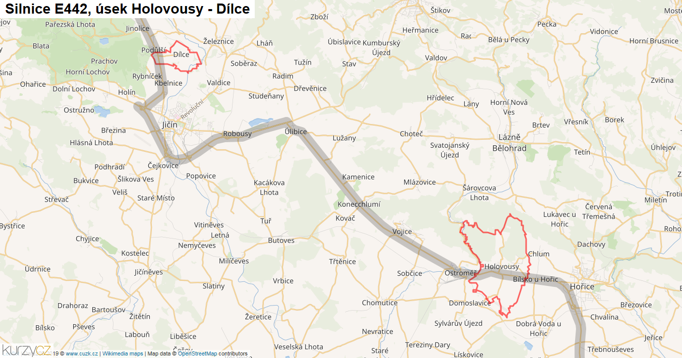 Úsek Holovousy - Dílce, Silnice E442 - Mapa