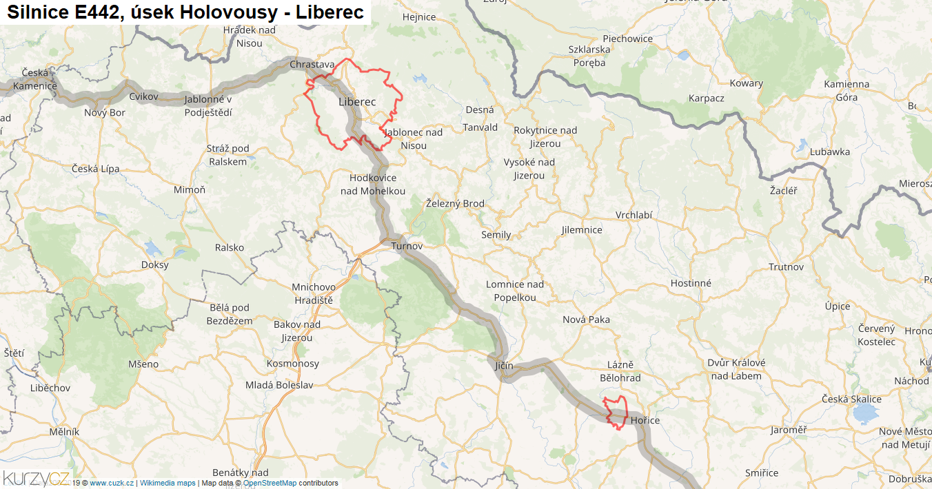 Úsek Holovousy - Liberec, Silnice E442 - Mapa