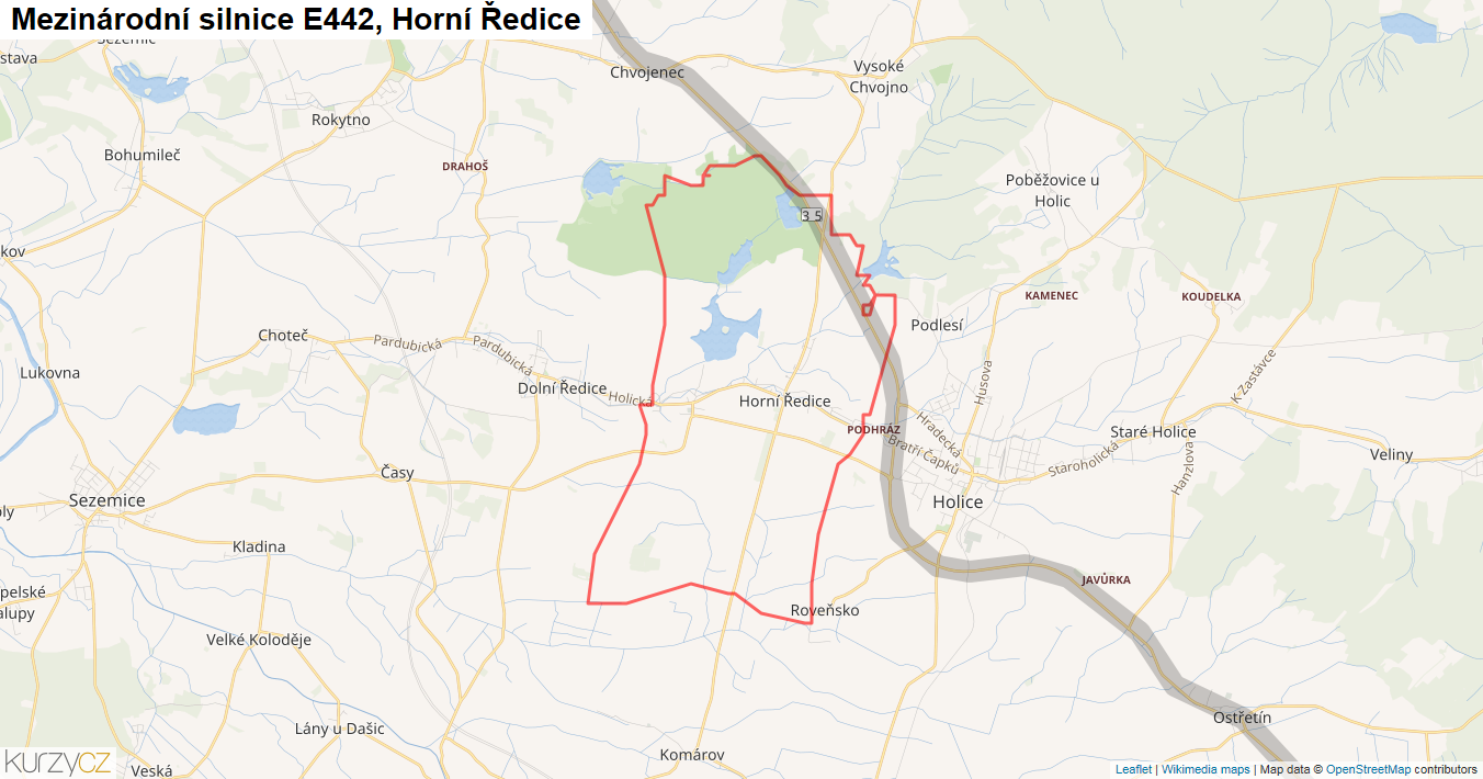 Horní Ředice, Silnice E442 - Mapa