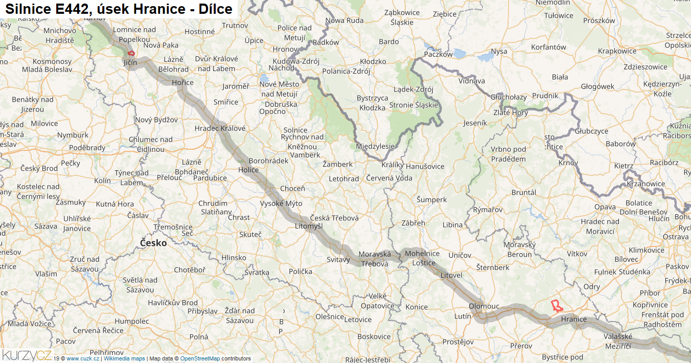 Úsek Hranice - Dílce, Silnice E442 - Mapa