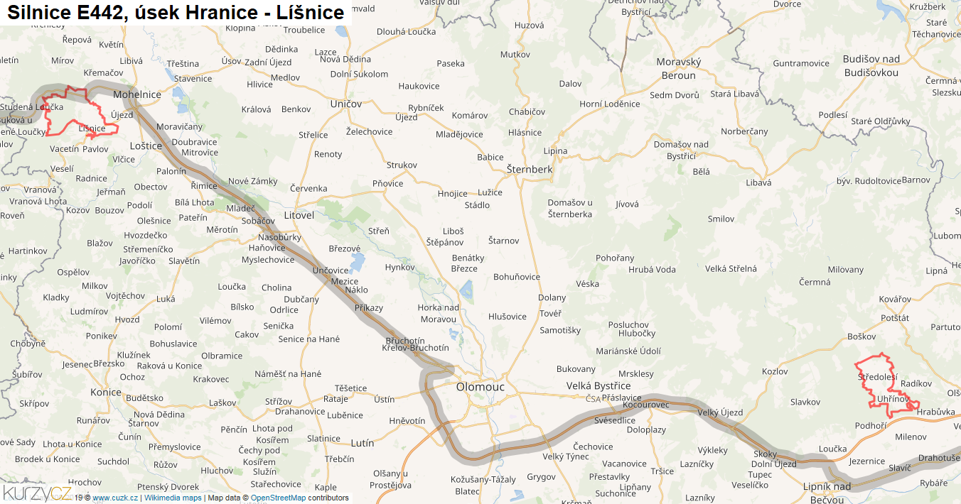 Úsek Hranice - Líšnice, Silnice E442 - Mapa