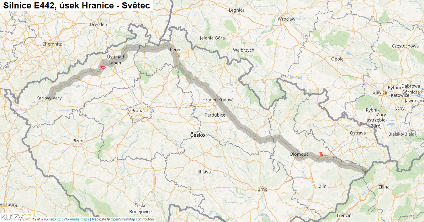Úsek Hranice - Světec, Silnice E442 - Mapa