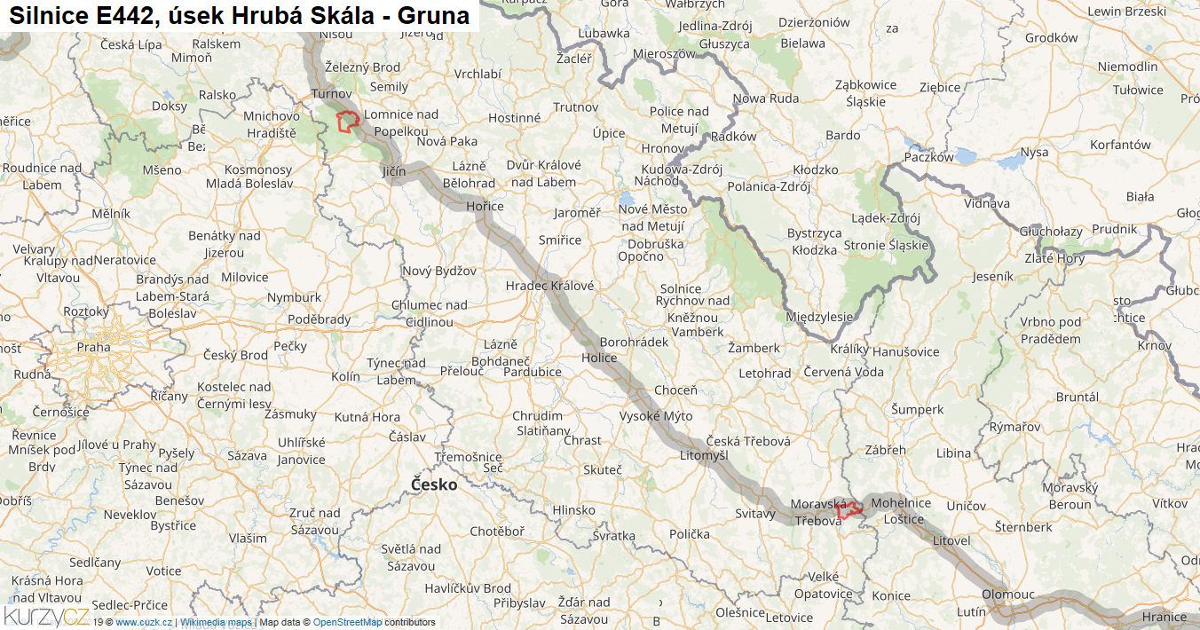 Úsek Hrubá Skála - Gruna, Silnice E442 - Mapa