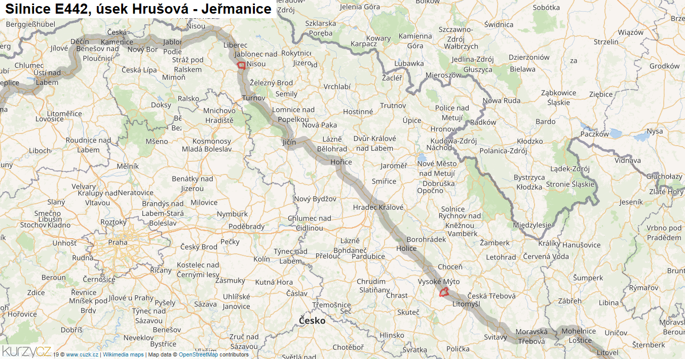 Úsek Hrušová - Jeřmanice, Silnice E442 - Mapa