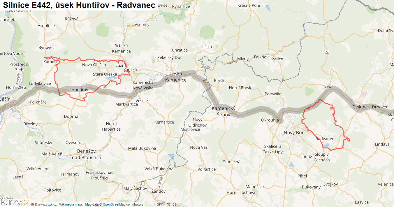 Úsek Huntířov - Radvanec, Silnice E442 - Mapa