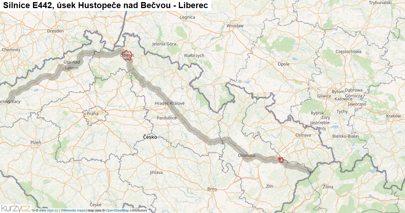Úsek Hustopeče nad Bečvou - Liberec, Silnice E442 - Mapa