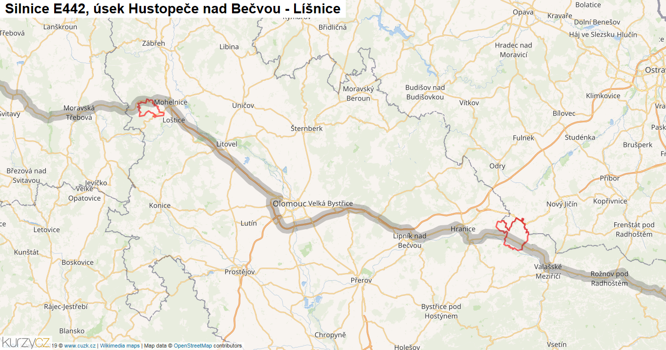 Úsek Hustopeče nad Bečvou - Líšnice, Silnice E442 - Mapa