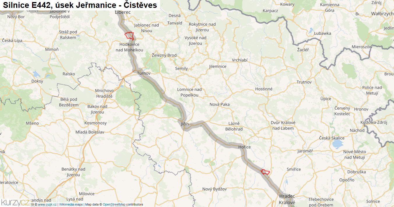 Úsek Jeřmanice - Čistěves, Silnice E442 - Mapa
