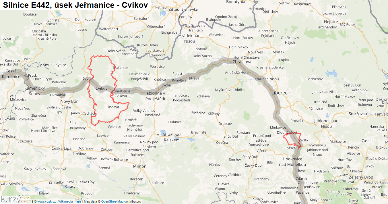 Úsek Jeřmanice - Cvikov, Silnice E442 - Mapa