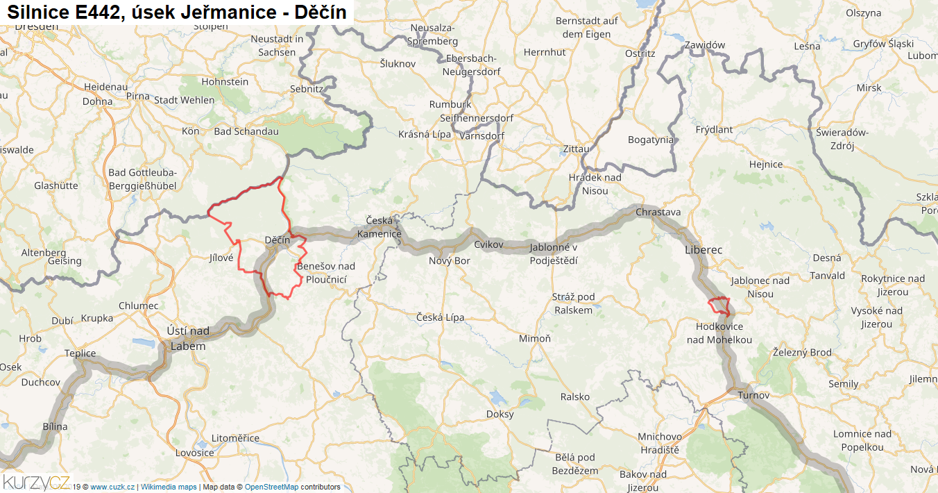 Úsek Jeřmanice - Děčín, Silnice E442 - Mapa