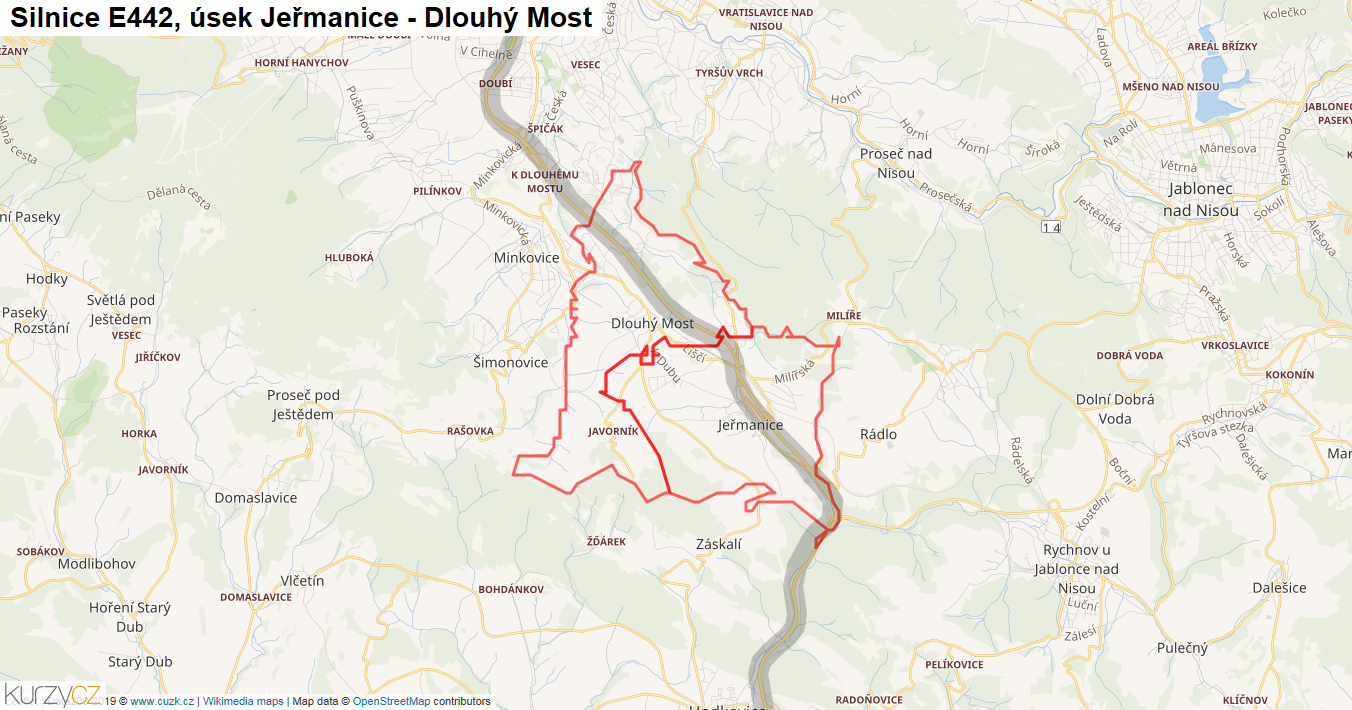 Úsek Jeřmanice - Dlouhý Most, Silnice E442 - Mapa