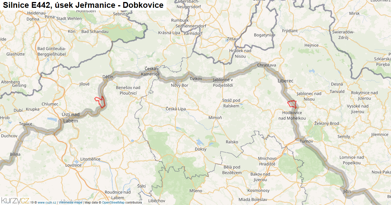 Úsek Jeřmanice - Dobkovice, Silnice E442 - Mapa