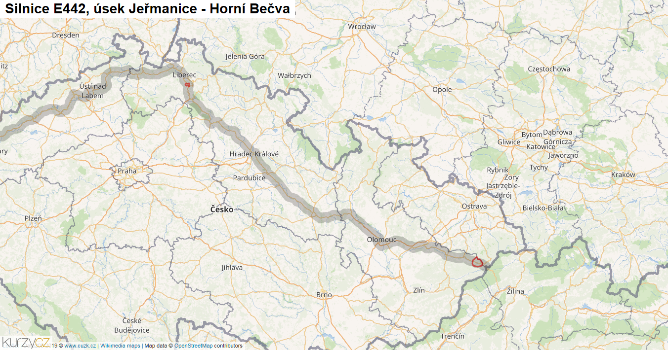 Úsek Jeřmanice - Horní Bečva, Silnice E442 - Mapa