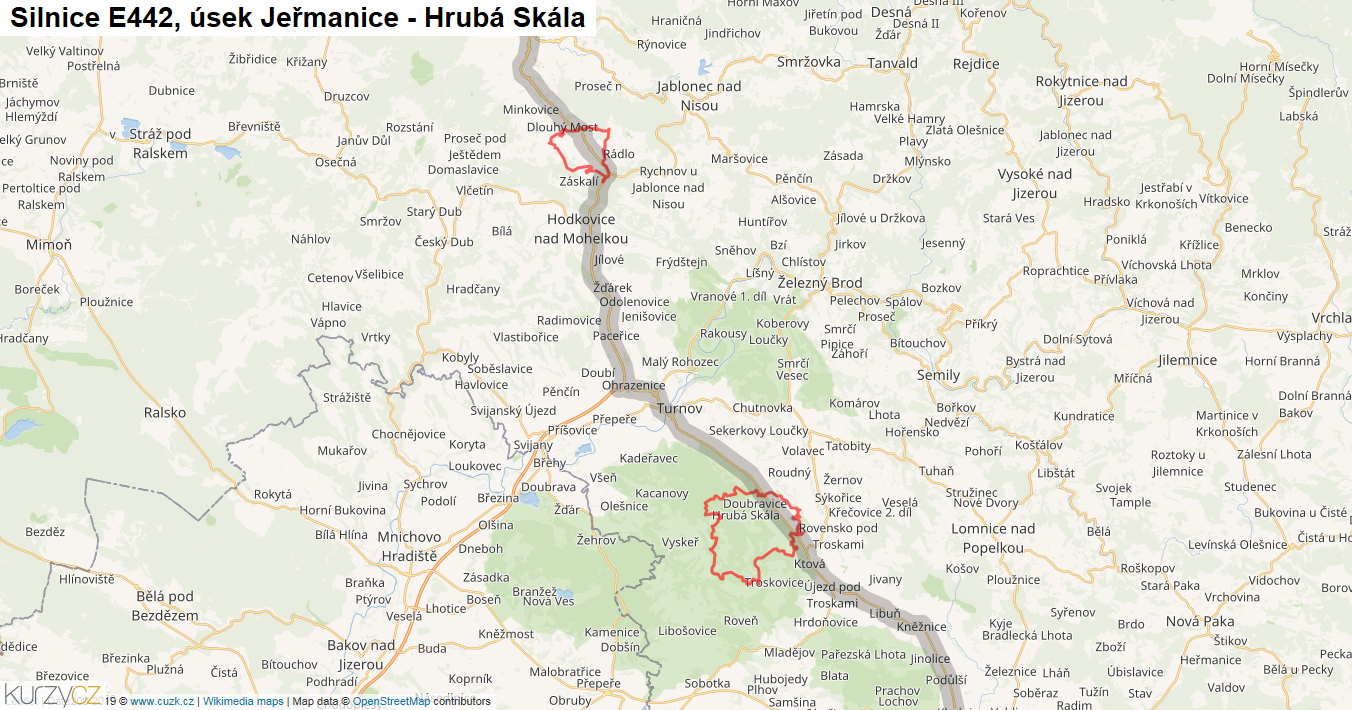 Úsek Jeřmanice - Hrubá Skála, Silnice E442 - Mapa