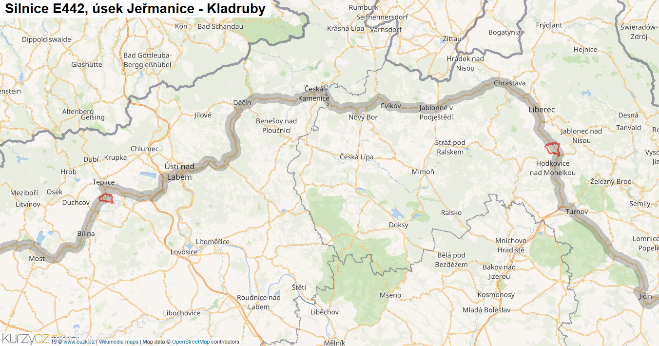 Úsek Jeřmanice - Kladruby, Silnice E442 - Mapa