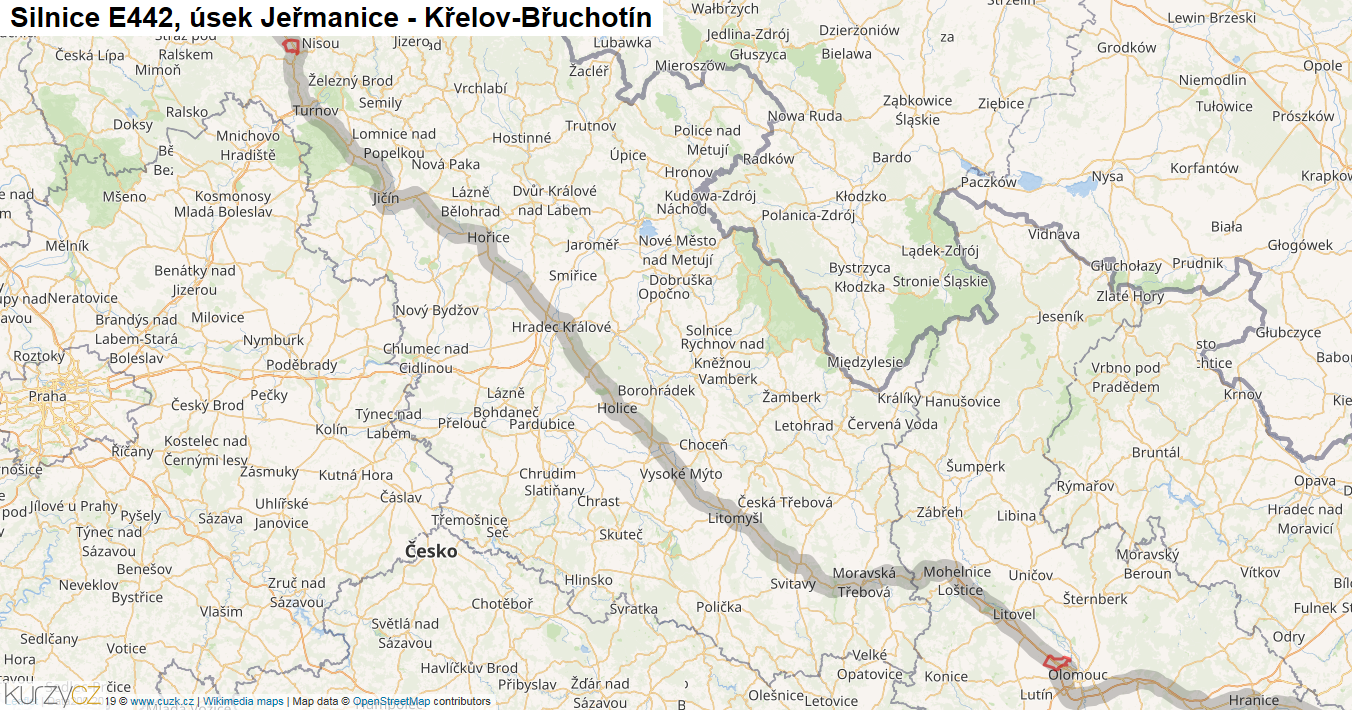 Úsek Jeřmanice - Křelov-Břuchotín, Silnice E442 - Mapa