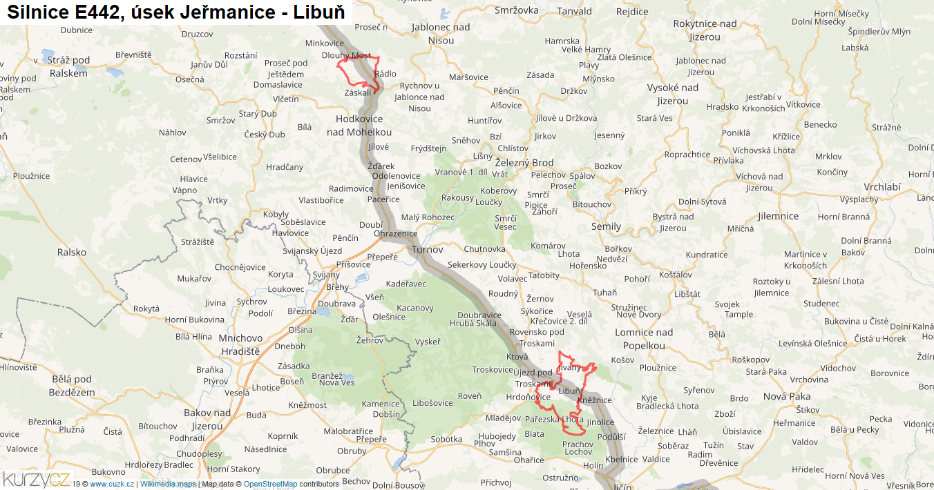 Úsek Jeřmanice - Libuň, Silnice E442 - Mapa
