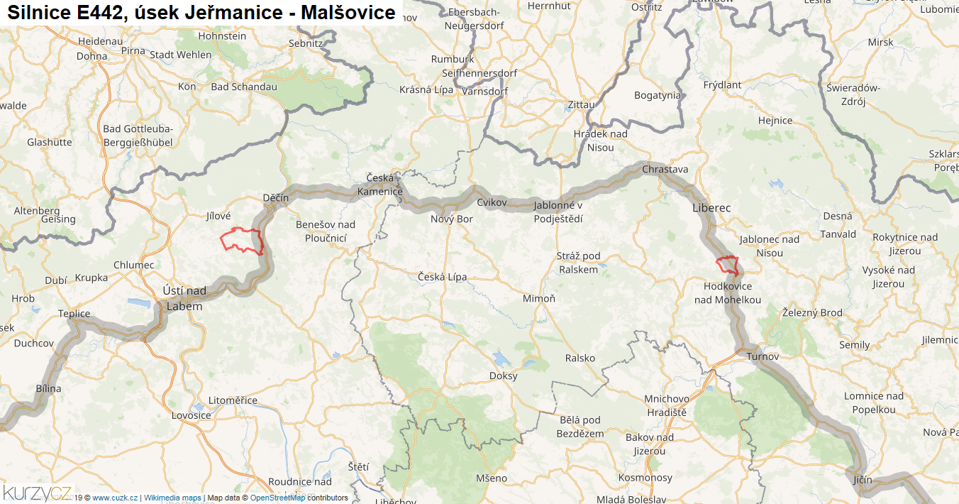 Úsek Jeřmanice - Malšovice, Silnice E442 - Mapa