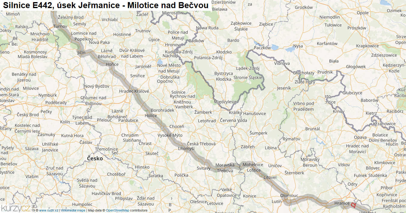 Úsek Jeřmanice - Milotice nad Bečvou, Silnice E442 - Mapa