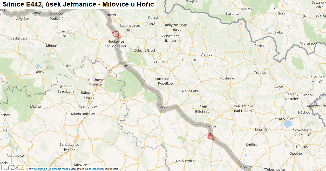 Úsek Jeřmanice - Milovice u Hořic, Silnice E442 - Mapa