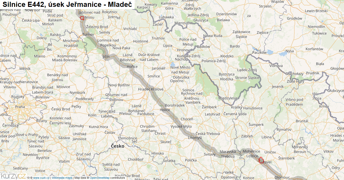 Úsek Jeřmanice - Mladeč, Silnice E442 - Mapa