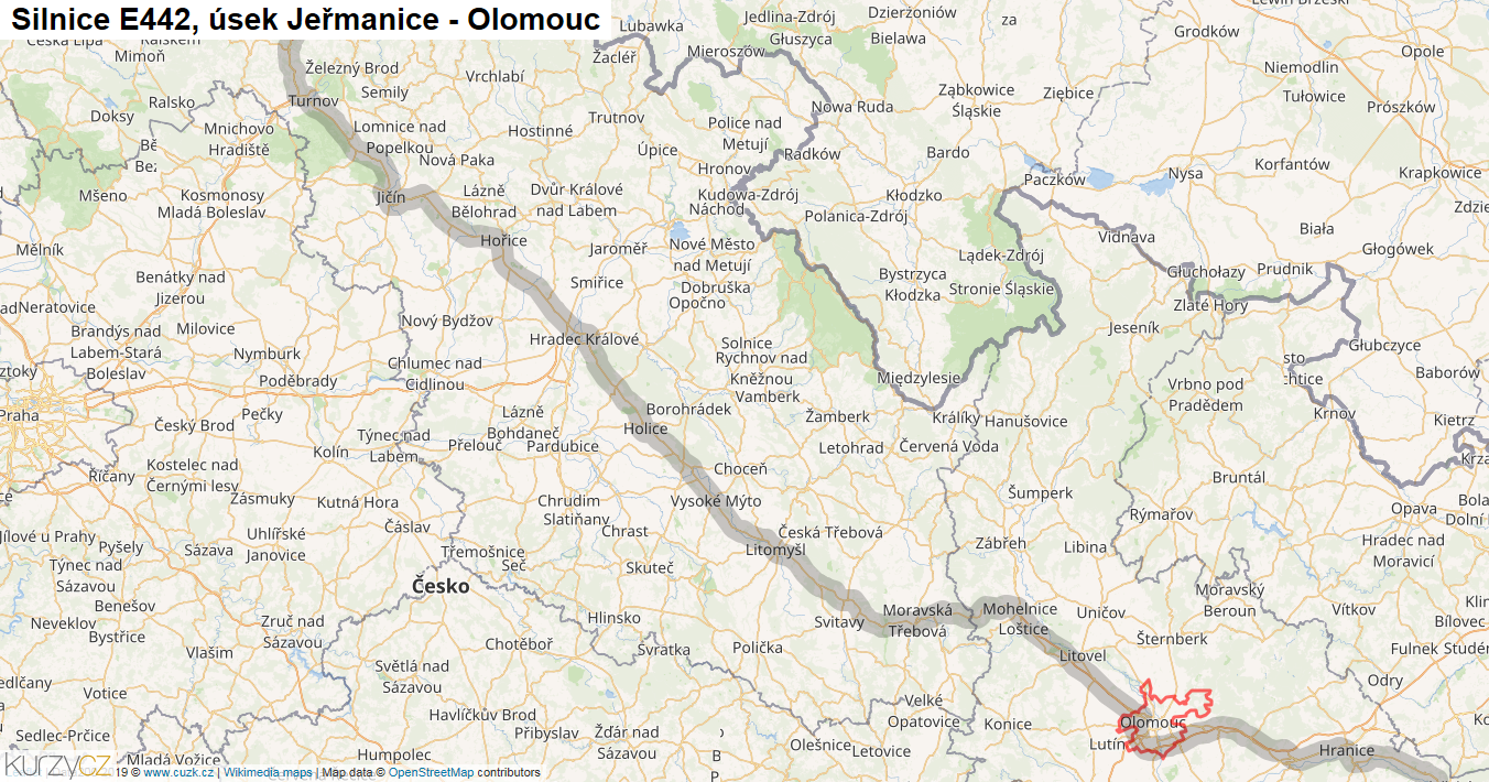 Úsek Jeřmanice - Olomouc, Silnice E442 - Mapa
