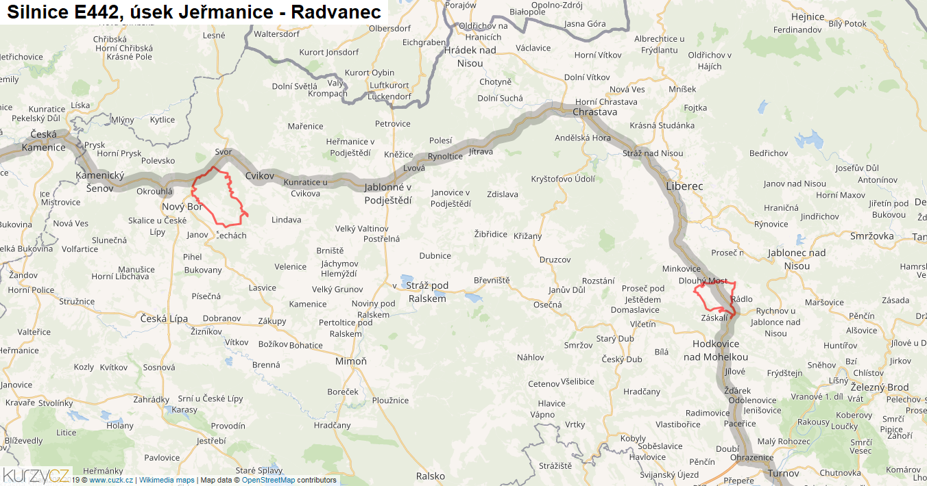 Úsek Jeřmanice - Radvanec, Silnice E442 - Mapa