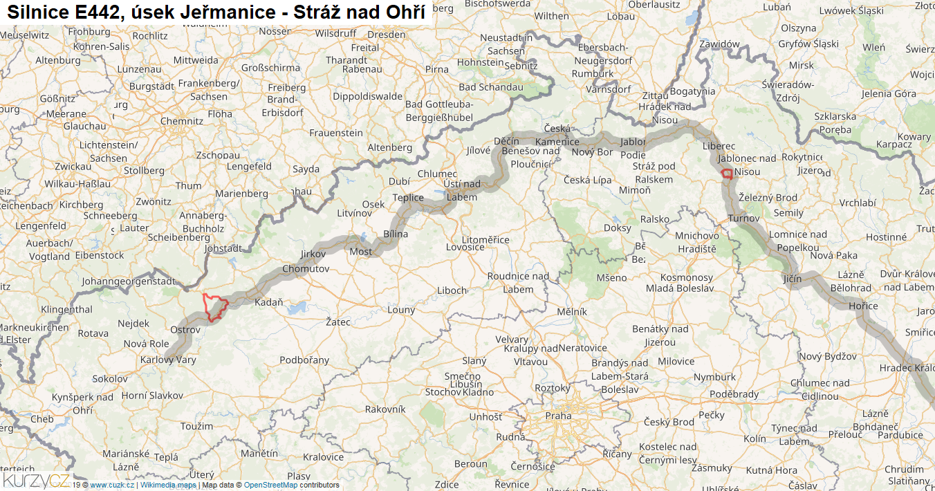 Úsek Jeřmanice - Stráž nad Ohří, Silnice E442 - Mapa