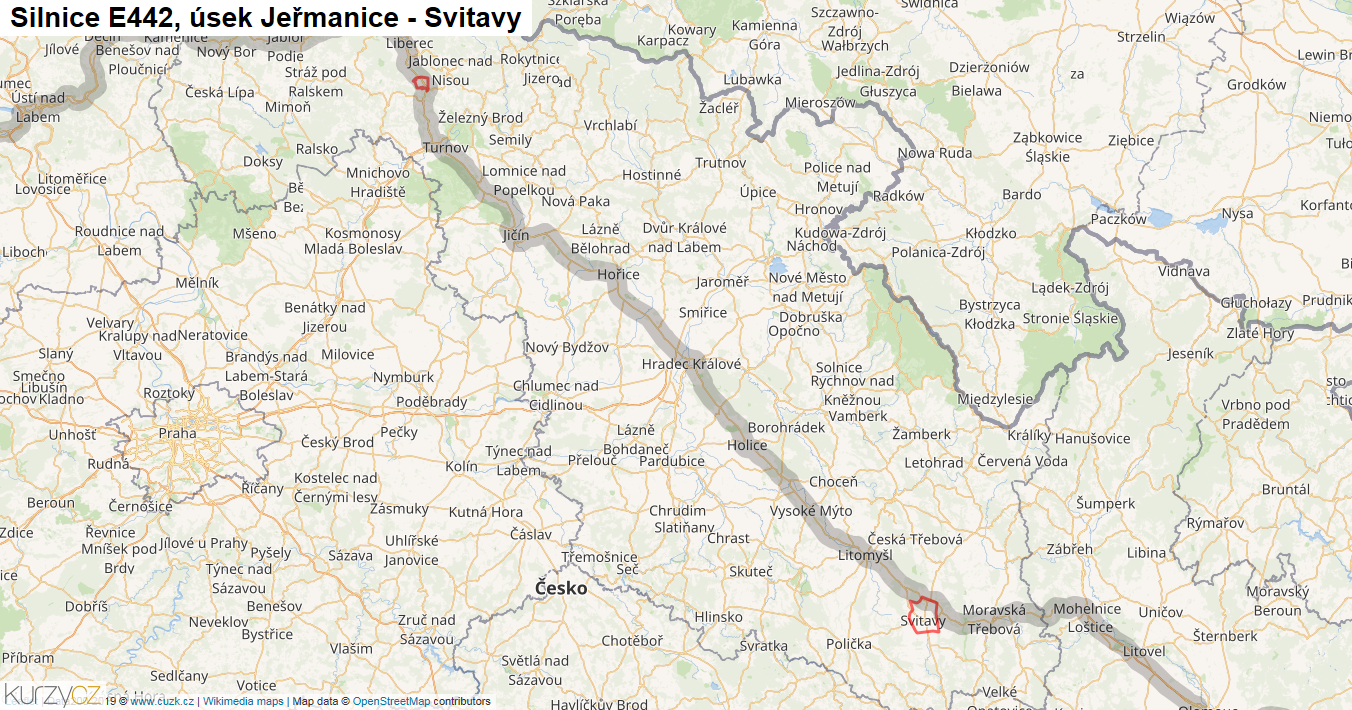 Úsek Jeřmanice - Svitavy, Silnice E442 - Mapa