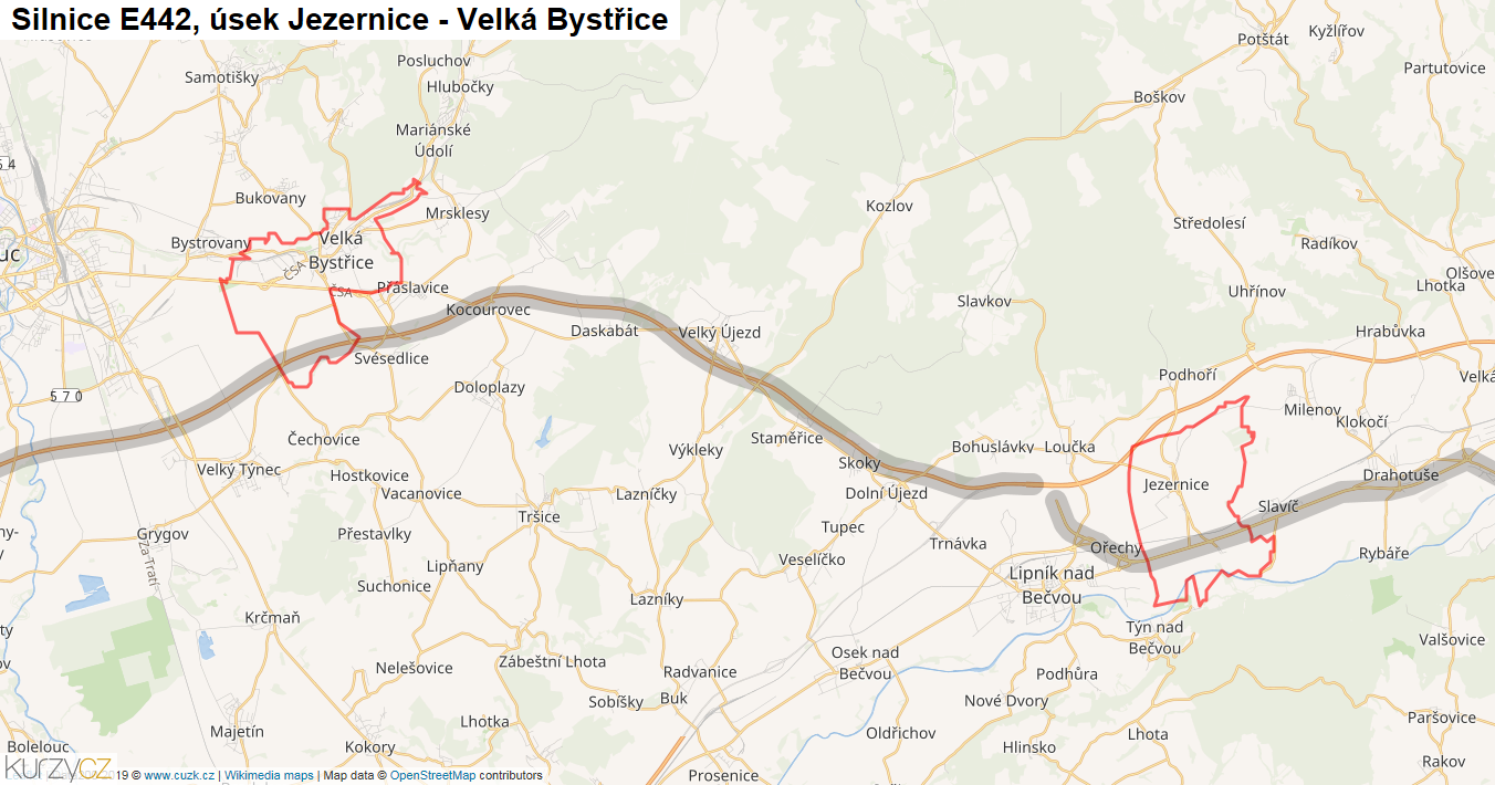 Úsek Jezernice - Velká Bystřice, Silnice E442 - Mapa