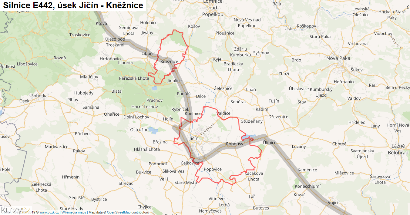 Úsek Jičín - Kněžnice, Silnice E442 - Mapa