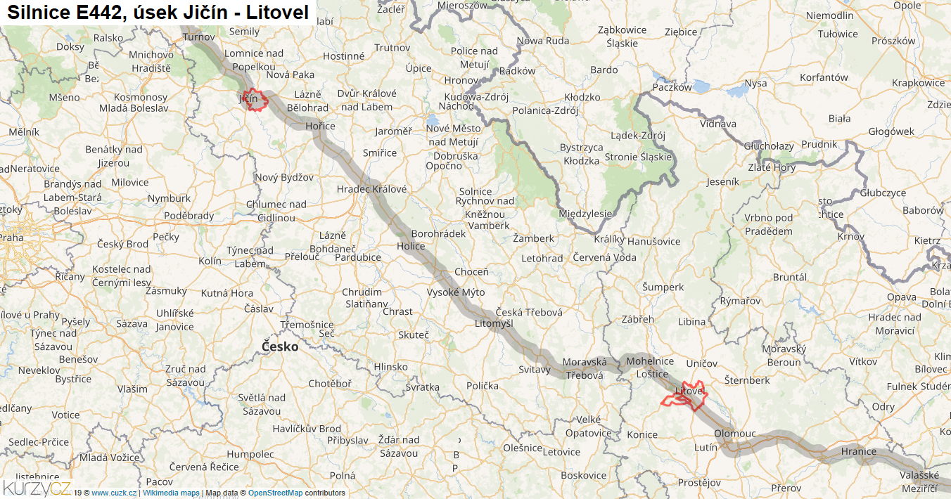 Úsek Jičín - Litovel, Silnice E442 - Mapa