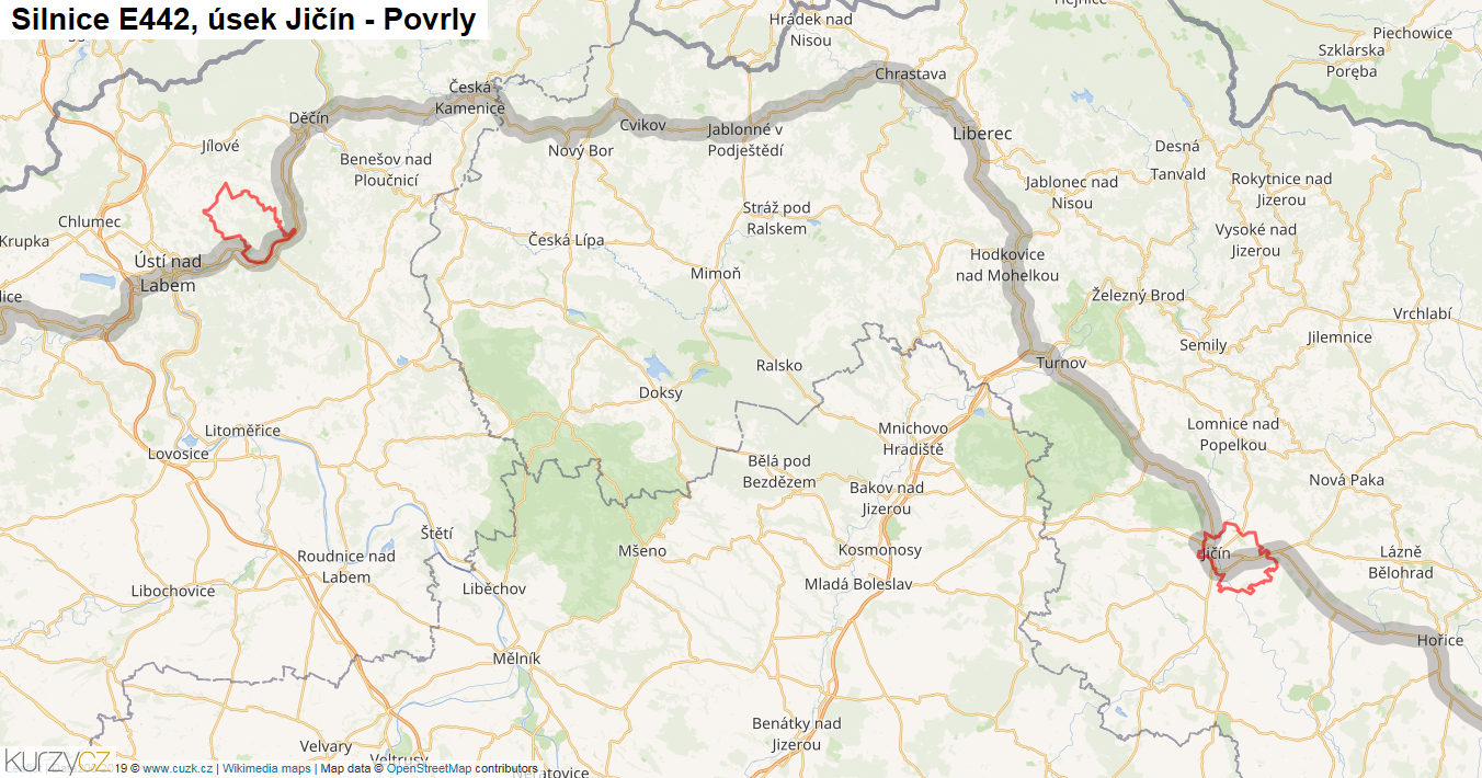 Úsek Jičín - Povrly, Silnice E442 - Mapa