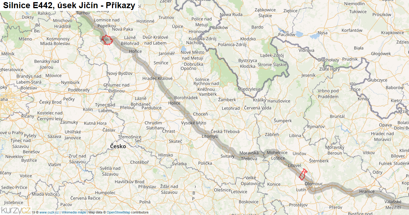 Úsek Jičín - Příkazy, Silnice E442 - Mapa