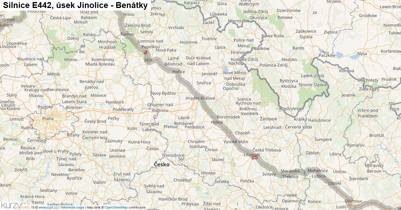 Úsek Jinolice - Benátky, Silnice E442 - Mapa
