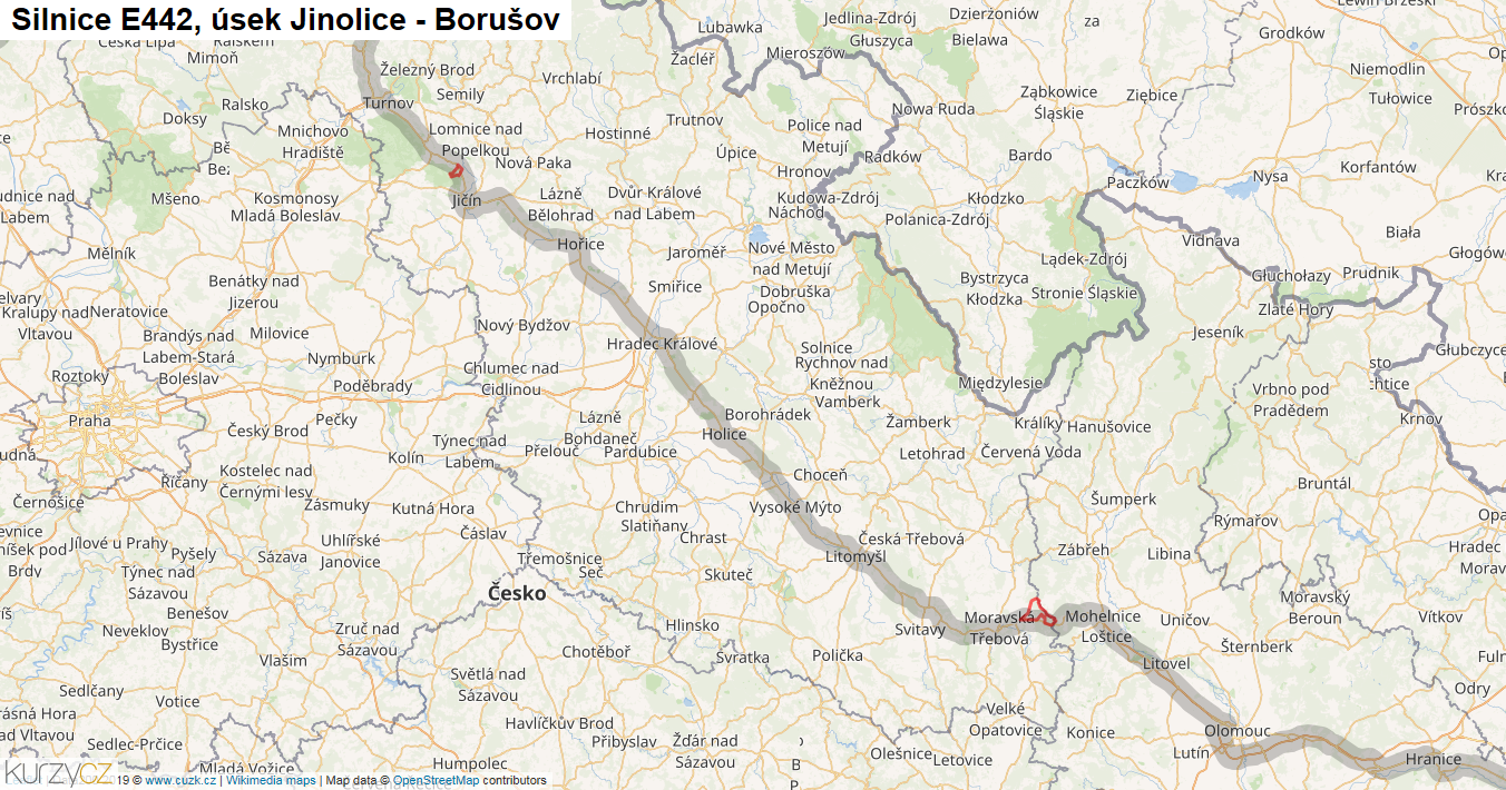 Úsek Jinolice - Borušov, Silnice E442 - Mapa