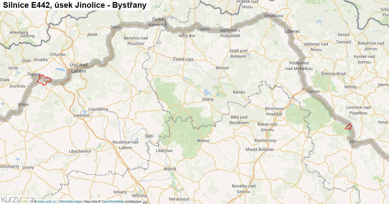 Úsek Jinolice - Bystřany, Silnice E442 - Mapa