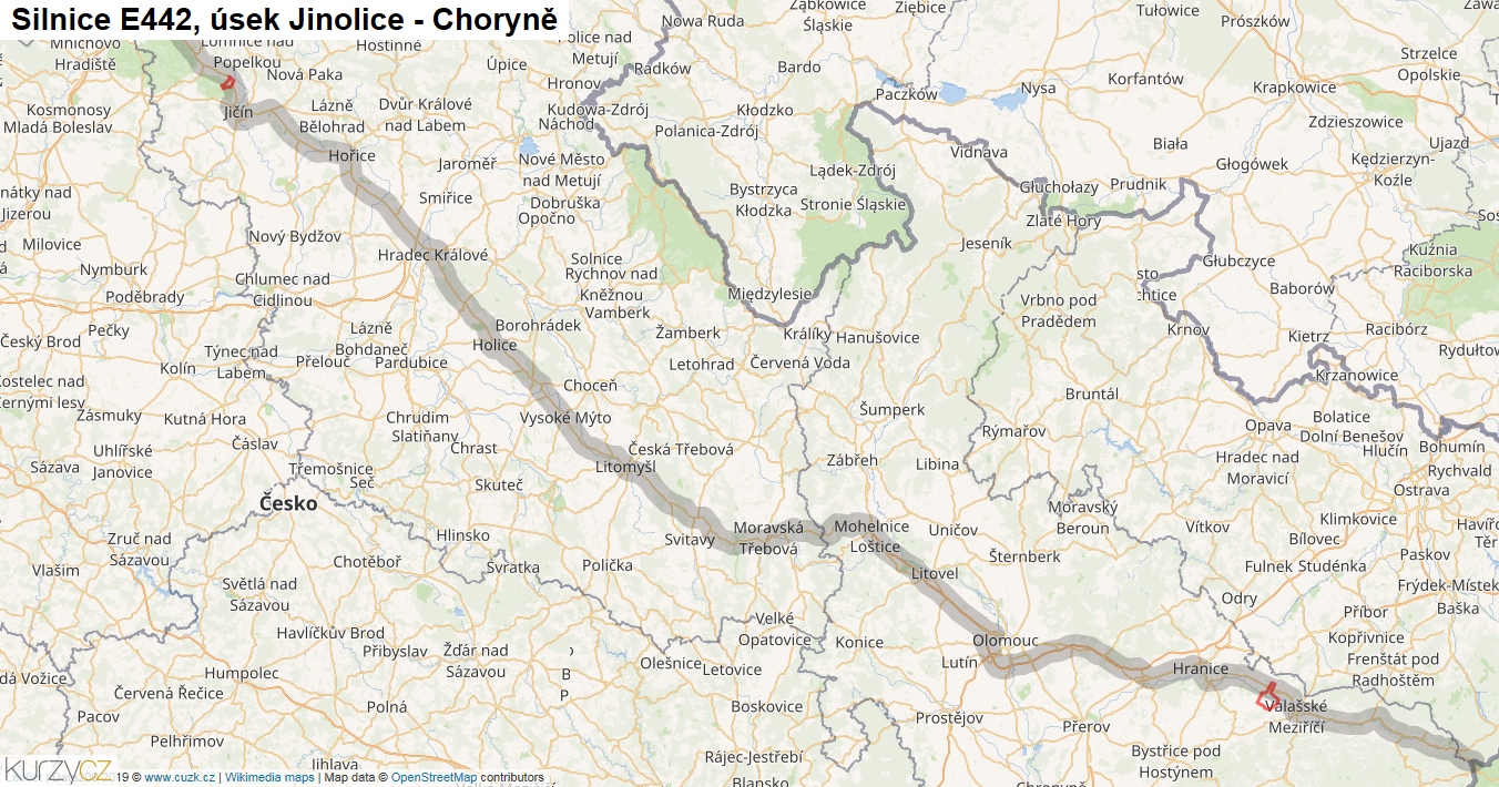 Úsek Jinolice - Choryně, Silnice E442 - Mapa