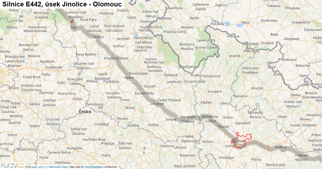 Úsek Jinolice - Olomouc, Silnice E442 - Mapa