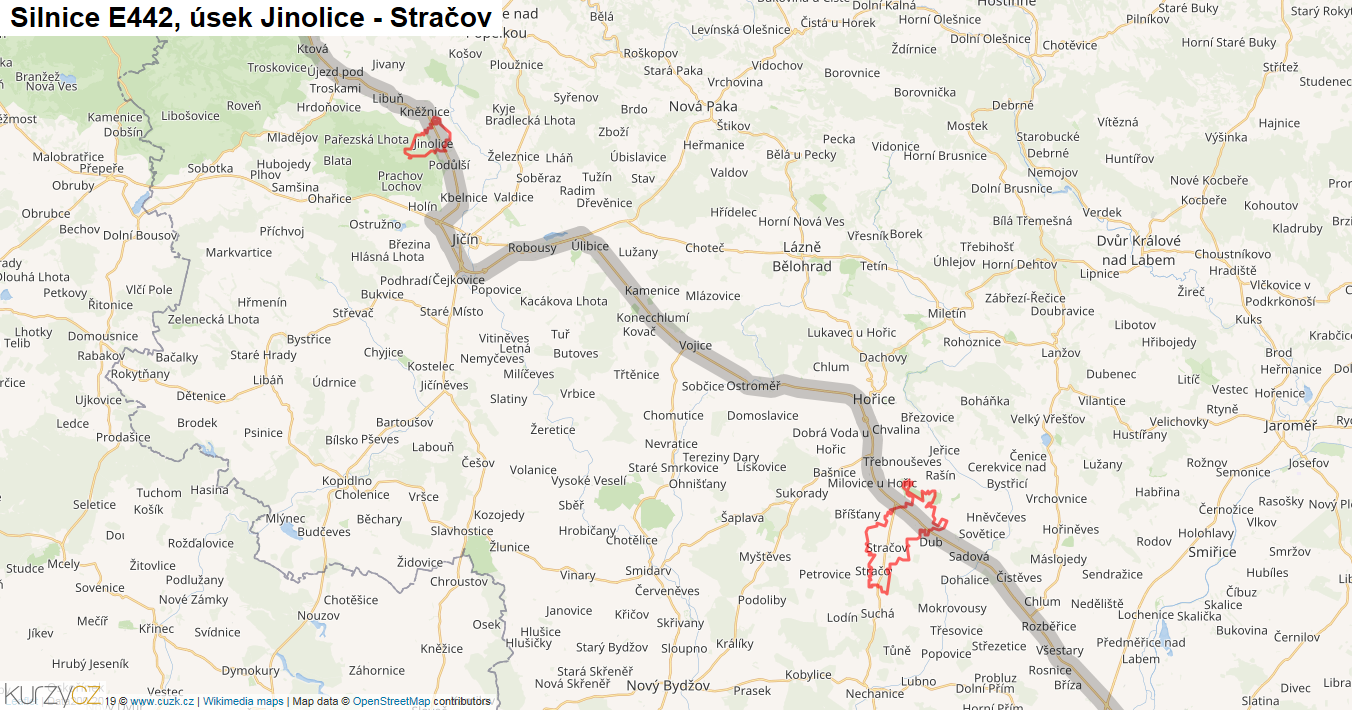Úsek Jinolice - Stračov, Silnice E442 - Mapa