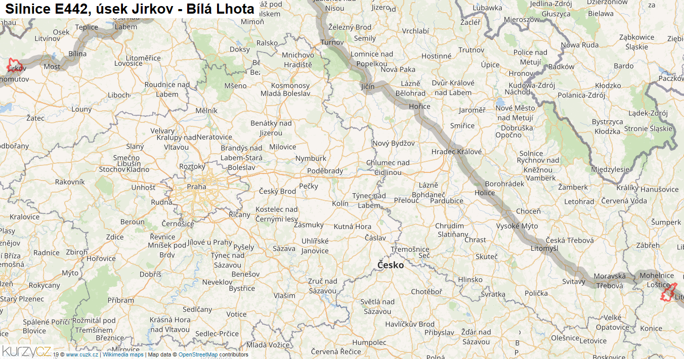 Úsek Jirkov - Bílá Lhota, Silnice E442 - Mapa