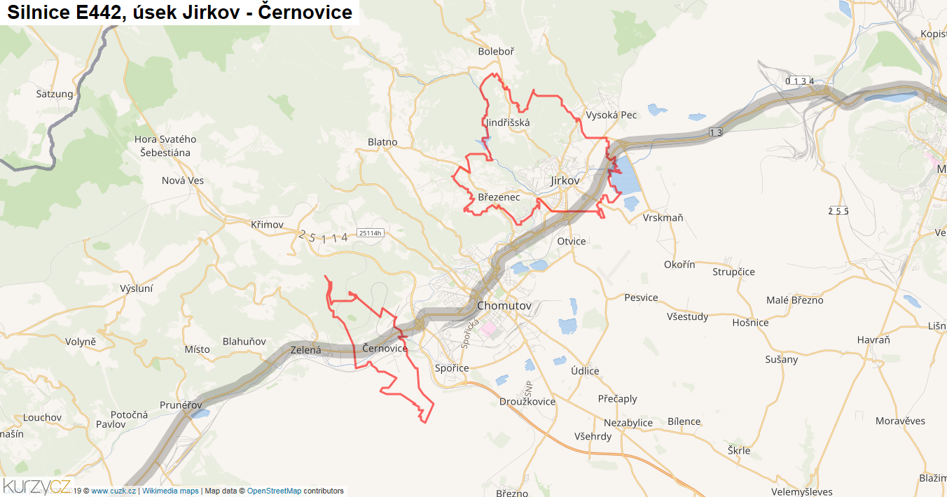 Úsek Jirkov - Černovice, Silnice E442 - Mapa