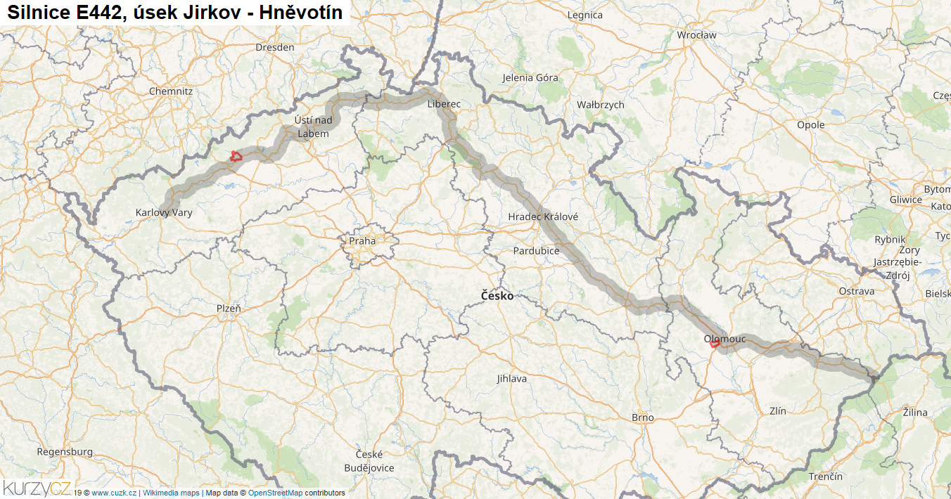 Úsek Jirkov - Hněvotín, Silnice E442 - Mapa