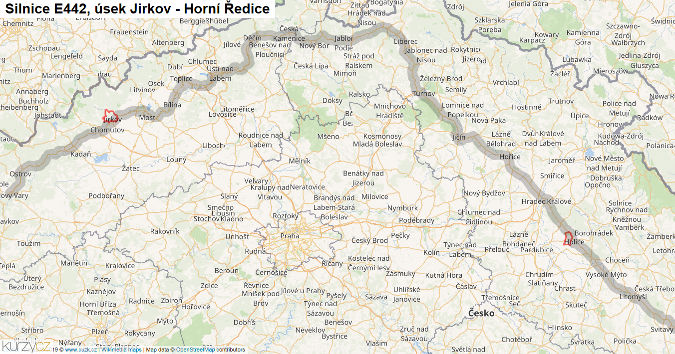 Úsek Jirkov - Horní Ředice, Silnice E442 - Mapa