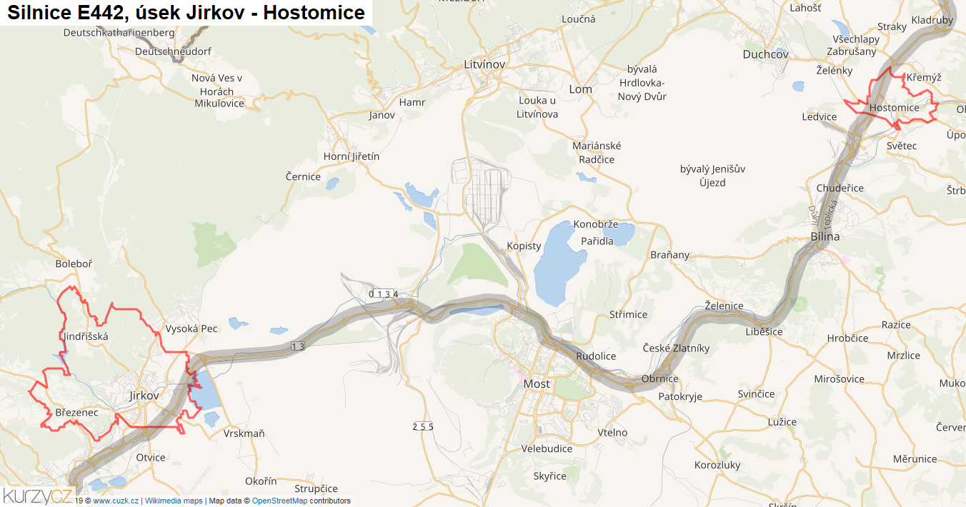 Úsek Jirkov - Hostomice, Silnice E442 - Mapa