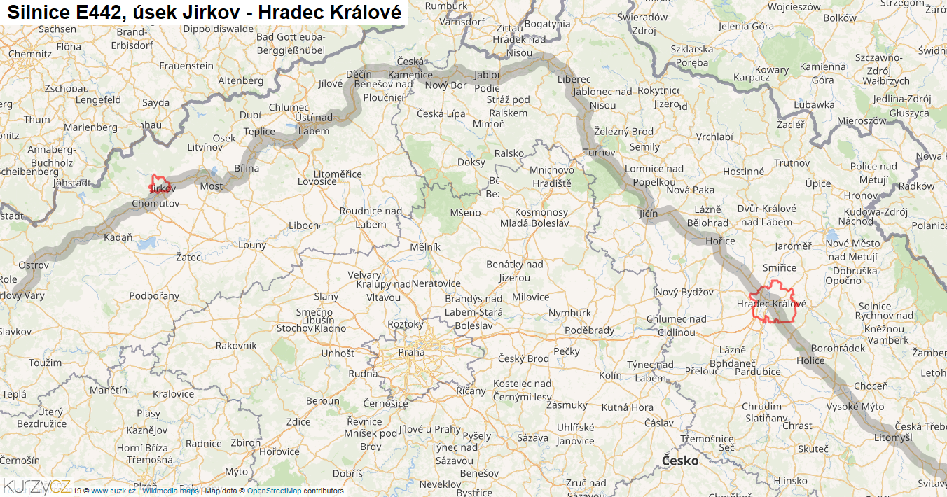 Úsek Jirkov - Hradec Králové, Silnice E442 - Mapa
