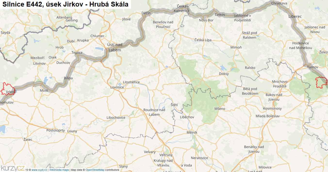 Úsek Jirkov - Hrubá Skála, Silnice E442 - Mapa