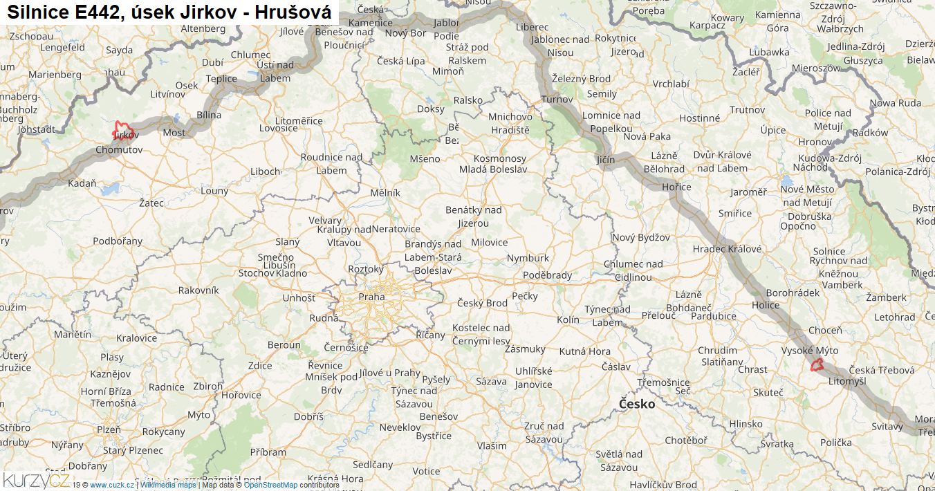 Úsek Jirkov - Hrušová, Silnice E442 - Mapa